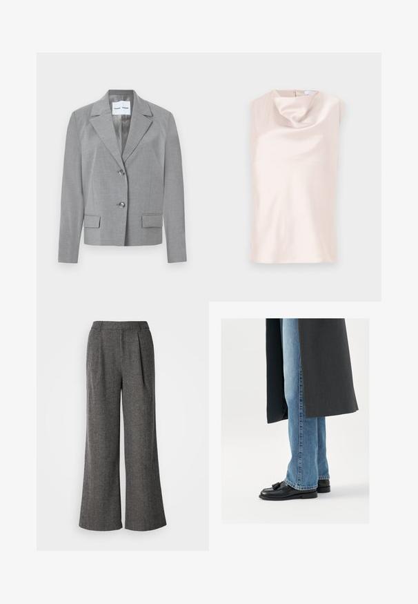 Grå skræddersyet blazer med filet krave, to-knaps lukning og to frontlommer med en glat overflade. Foret indvendig.; Ærmeløs top i silkelignende stof i blød beige med en draperet cowl-halsudskæring. Har en diskret lynlås bagpå og en glat, blank tekstur.; Grå fiskebensmønstret bukser med bred ben, plisseret front, skræddersyet talje og glat tekstur, der har et rent, professionelt design.; Sorte læderloafer med kvaster, båret med lyseblå lige ben jeans, suppleres af en mørkegrå frakke. Rene linjer og struktureret stof.