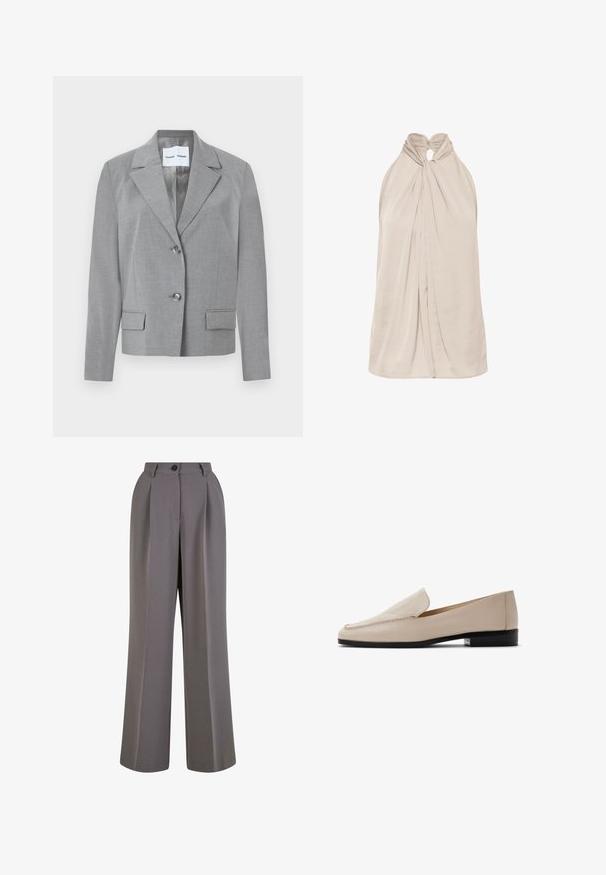 Grå skræddersyet blazer med filet krave, to-knaps lukning og to frontlommer med en glat overflade. Foret indvendig.; Beige satin-haltertop med snoet knude og samling med nøglehul ved kraven, ærmeløs og med løs pasform.; Bredbukser i gråt stof med for-pletninger, en enkelt knaplukning og sidelommer. Glat tekstur og skræddersyet design.; Beige læderloafers med en glat tekstur, rund tå og minimal syning. Med en lav sort hæl og slip-on design.