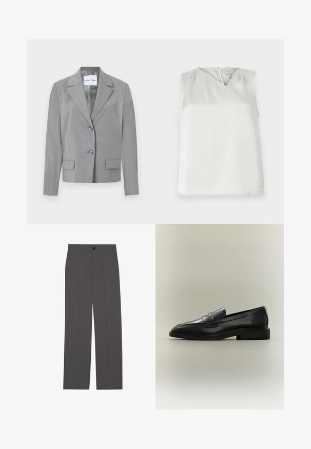Gray tailored blazer featuring a notched collar, two-button closure, and two front pockets with a smooth texture. Lined interior.; Sleeveless white blouse with V-neck, subtle pleats at shoulders, and back zipper closure, displayed on plain background.; Grey trousers with a straight leg design, featuring two side pockets and a button closure. Smooth fabric with no visible patterns or accents.; Black leather penny loafer with low heel, rounded toe, and stitched detailing on a neutral background.