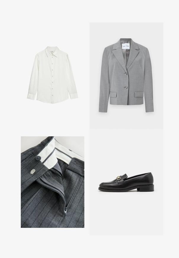 Blazer gris sur mesure avec un col en notch, fermeture à deux boutons et deux poches avant au toucher lisse. Doublure intérieure.; Chemise blanche à manches longues avec un col classique, patte de boutonnage sur le devant et texture de tissu lisse. Présente des poignets boutonnés et une coupe ajustée.; Next PETITE FIT - STRIPED STRAIGHT - Pantalon classique - grey; Mocassin en cuir noir avec un petit talon carré, présentant un accent en métal doré et des coutures détaillées le long de l'orteil et du dessus.