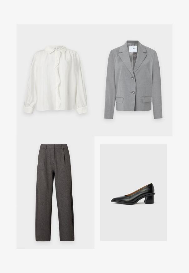 Blazer gris sur mesure avec un col en notch, fermeture à deux boutons et deux poches avant au toucher lisse. Doublure intérieure.; Chemise blanche à boutons, avec un plastron froncé, des manches longues et un col classique. Tissu texturé avec de subtiles lignes verticales.; Pantalons larges taille haute gris foncé avec passants de ceinture, plis avant et fermeture éclair frontale cachée.; Escarpin noir en cuir à petit talon avec un bout pointu et un talon bloc évasé unique sur un fond gris clair uni.