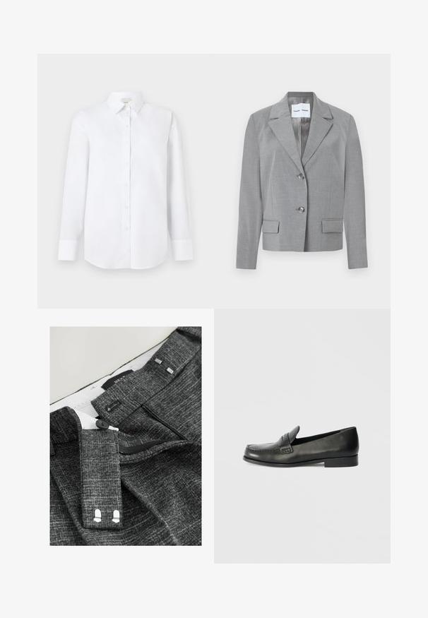 Grå skræddersyet blazer med filet krave, to-knaps lukning og to frontlommer med en glat overflade. Foret indvendig.; Hvid langærmet skjorte lavet af glat stof, med knaplukning foran, klassisk krave og rundet bagkant med knappede manchetter.; Grå strukturerede bukser med knaplukning, lynlås og ekstra kroge, samt sølvfarvede detaljer på taljen og indvendig foring.; Sorte læder loafers med en rund tå, forhøjede syningsdetaljer og en lav, stablet hæl. Glat tekstur med en subtil glans.