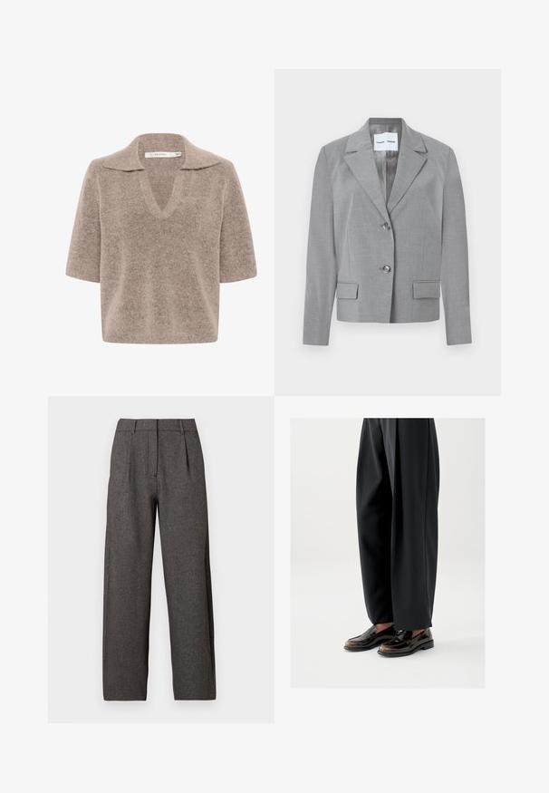 Blazer gris a medida con cuello de muesca, cierre de dos botones y dos bolsillos frontales con textura suave. Interior forrado.; Suéter beige de manga corta con escote en V, hecho de un material de punto suave, con un diseño de cuello y un corte relajado.; Pantalones de talle alto de pierna ancha en gris oscuro, con trabillas para cinturón, plisados frontales y cierre oculto con cremallera en la parte delantera.; Mocasines negros con acabado de cuero brillante, con una correa decorativa en la parte superior, combinados con pantalones negros de corte holgado.