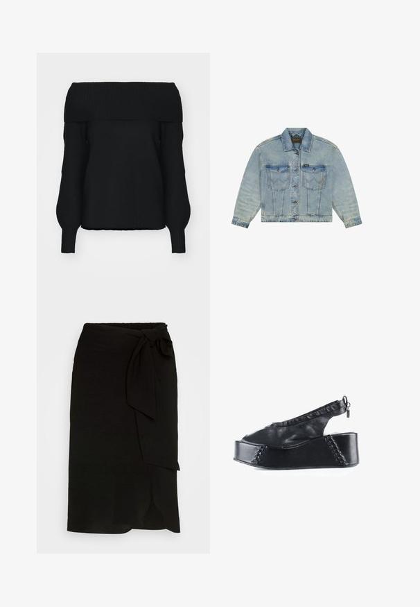 Lyseblå denimjakke med knaplukning, to forlommer med knapper og en krave.; Sort off-shoulder sweater lavet af blødt strikmateriale, med ribbet kant, lange ærmer og en afslappet pasform. Ingen synlige mønstre.; Sort omslagsskirt lavet af struktureret stof, med en sidelids, lige design og en sprække i kanten.; Sort læderplateausandal med åben tå, slingback-strop, syningsdetaljer og lynlåstræk på tyk sål.