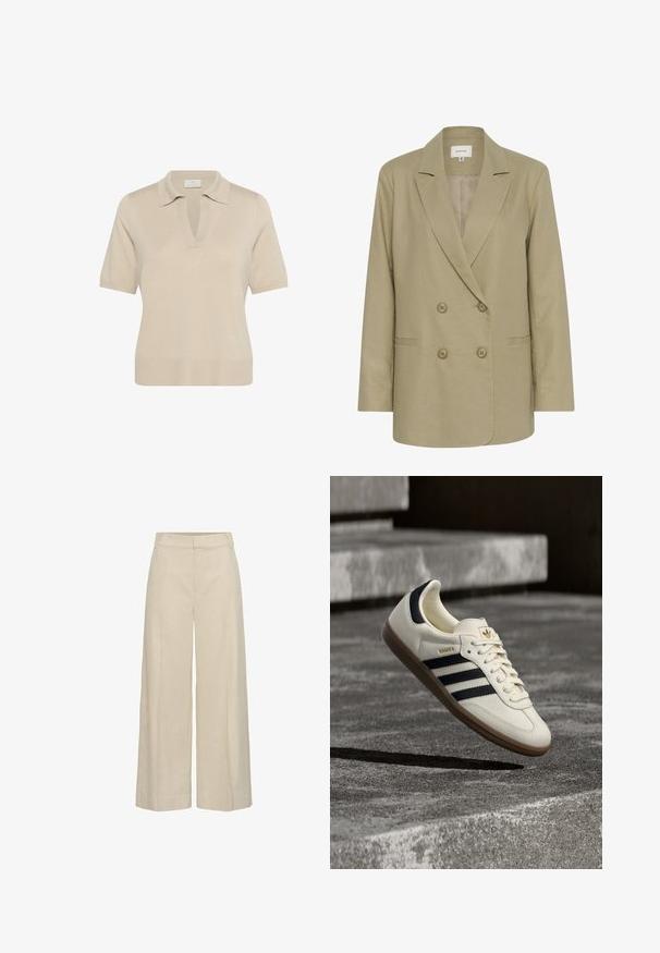 Blazer beige croisé en tissu texturé. Doté d'un col cranté, de deux poches avant et d'une fermeture à boutons.; Polo en maille beige avec un col en V et des manches courtes. Doté d'un col et d'un ourlet côtelé, fabriqué à partir d'un tissu doux et texturé.; Pantalon beige à jambes larges avec détails de couture à l’avant, passants de ceinture et fermeture avant dissimulée.; Baskets blanches Adidas Samba avec des bandes noires et une semelle en gomme, flottant au-dessus de marches en béton gris texturé.