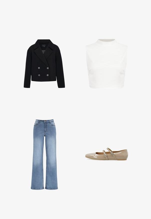 Zwarte cropped jas van gestructureerde stof, met een double-breasted ontwerp, grote knopen en een brede kraag met twee zijzakken.; Witte mouwloze geribbelde crop top met een neppe col, ontworpen voor een nauwsluitende pasvorm.; Lichtblauwe wijde spijkerbroek van denim. Voorzien van een knoopsluiting, vijf zakken en stiksels. Gladde textuur met een lichte vervaging.; Beige platte schoen van lakleer met een puntige neus en twee verstelbare gespsluitingen over de wreef.