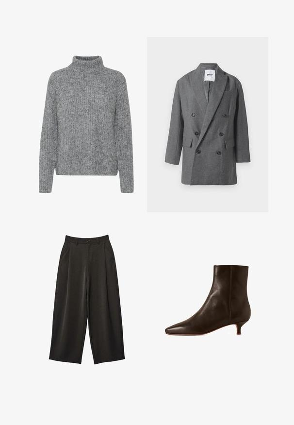 Grå uldblanding dobbeltbrystet blazer med brede revers, to forlommer og mørke knapper. Glat foring, struktureret pasform, ingen synlige mønstre.; Grå strikket sweater med høj krave, varierende teksturer og en boxy form. Har lange ærmer og en kant, der sidder ved taljen.; Bukser med vide ben i mørkegråt stof med en glat tekstur, foran plisseringer, skrå sidelommer og knaplukning ved taljen.; Brun læderankelstøvle med en spids tå og lille kittenhæl, med en glat tekstur og minimal syning.