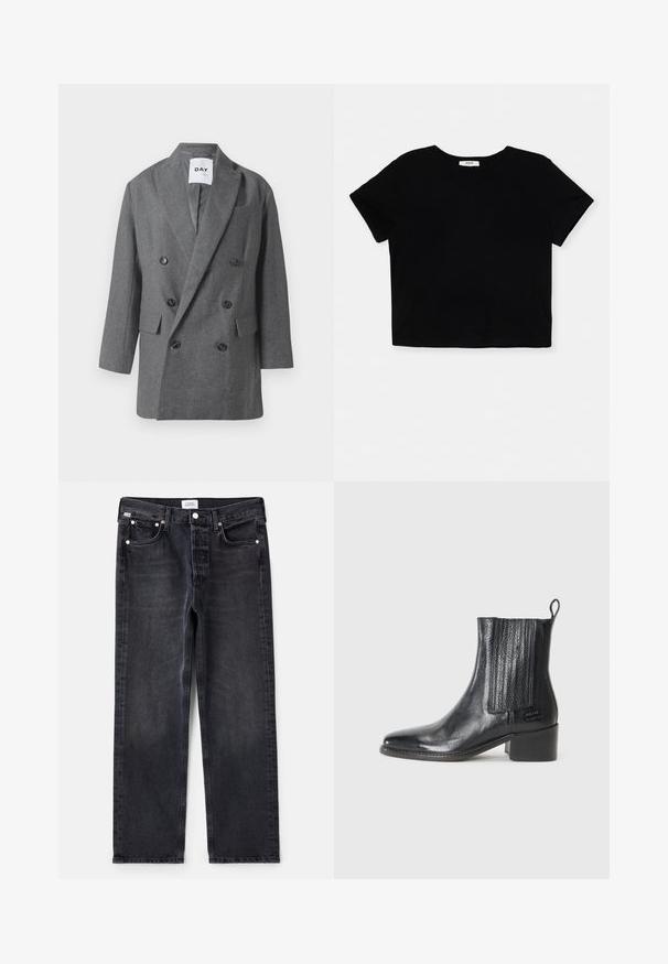 Grå uldblanding dobbeltbrystet blazer med brede revers, to forlommer og mørke knapper. Glat foring, struktureret pasform, ingen synlige mønstre.; Sort cropped t-shirt lavet af blødt bomuld, har korte ærmer, en rund halsudskæring og en ren kant uden udsmykninger.; Sorte denimjeans med lige pasform, fem lommer, sølvhardware og en let falmet tekstur. Klassisk design med minimal detaljering.; Sorte læder ankelstøvle med spids tå, strukturerede elastiske sidepaneler og en lav blokhæl. Har en trækkrog bagpå.