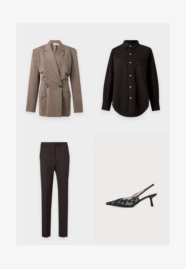 Blazer marron croisé avec revers crantés, deux poches avant à rabat, une poche poitrine et manches longues sur fond blanc.; Chemise noire à manches longues avec boutons, col et poche poitrine, présentée sur fond blanc uni.; Pantalons ajustés marron, dotés d'un devant plat, d'une fermeture à bouton et d'un tissu lisse et texturé.; Chaussure slingback noire à talon kitten, bout pointu et motif en mesh floral sur le dessus.