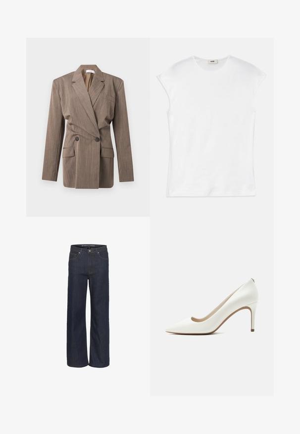 Brauner doppelreihiger Blazer mit Kerbkragen, zwei vorderen Pattentaschen, einer Brusttasche und langen Ärmeln auf weißem Hintergrund.; Weißes T-Shirt mit kurzen Ärmeln aus Baumwolle. Mit Rundhalsausschnitt und einer glatten, weichen Textur im entspannten Schnitt. Keine Muster oder Akzente.; Dunkelblaues, weites Jeanspaar mit hoher Taille, das über fünf Taschen, kontrastierende Nähte und einen rohen Saum am unteren Ende verfügt.; Weißer Leder-Pumps mit spitz zulaufender Spitze, schmalem hohem Absatz und glattem Finish, seitlich auf einem einfarbigen hellen Hintergrund gezeigt.