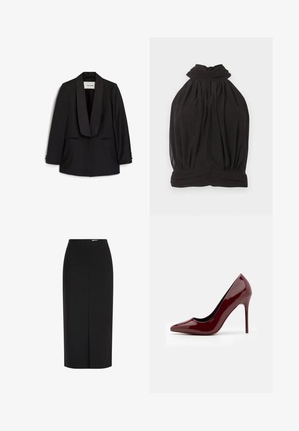 Schwarzes Blazer mit einem Satin-Schalkragen, strukturiertem Design, zwei Vordertaschen und knopfbaren Manschetten. Der Stoff wirkt glatt mit einer maßgeschneiderten Passform.; Schwarzes ärmelloses Neckholder-Top mit hohem, verdrehtem Ausschnitt und locker gesammeltem Oberteil auf weißem Hintergrund.; Schwarzer Midirock mit hoher Taille, Bleistiftschnitt, vorderem Schlitz und verdecktem Reißverschluss vor weißem Hintergrund.; Burgunderroter Lackleder-Pumps mit spitzer Schuhspitze, schlankem Design und glänzendem Finish; verfügt über einen dünnen Stilettoabsatz.