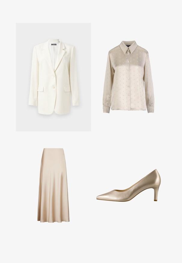 Hvid skræddersyet blazer med klapkrave, to forlommer, knaplukning og struktureret stof. Klassisk pasform med lange ærmer.; Lysebeige skjorte med knapper i satin, der har et subtilt præget mønster, lange ærmer og klassisk kravedesign.; Satin midi-nederdel i beige med en glat tekstur og en udvidet design fra talje til søm, med en A-formet silhuet. Ingen synlige mønstre eller accenter.; Beige spidse pumps lavet af glat læder med lav hæl. Har et strømlinet design og en subtil blank finish.