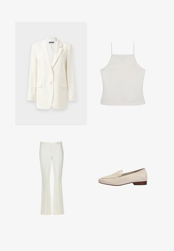 Blazer blanc sur mesure avec un col cranté, deux poches avant, fermeture par bouton et tissu texturé. Coupe classique avec des manches longues.; Crop top blanc sans manches avec fines bretelles et logo "cK" subtil brodé sur la poitrine, fond uni.; Pantalons évasés blancs en tissu lisse. Comprend deux poches avant et une fermeture à un bouton à l'avant, avec des détails de pin-tuck subtils.; Mocassin en cuir beige avec petit talon en bois et bout carré arrondi, vue de côté sur fond blanc.