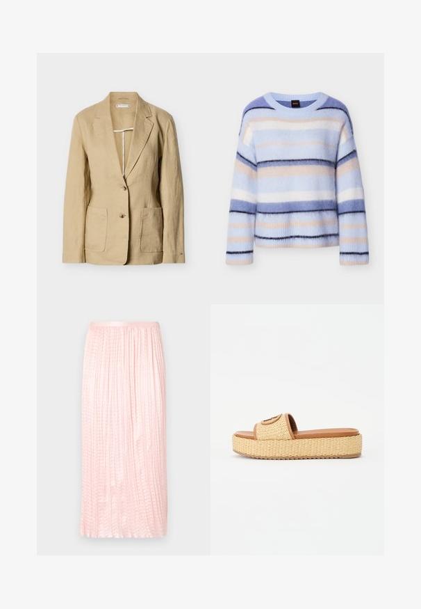 Beige linnen blazer met opstaande revers, twee knopen, twee opgestikte voorzakken en lange mouwen tegen een effen witte achtergrond.; Gestreepte trui in lichtblauw, lichtroze en marineblauw. Zachte, pluizige textuur met een ronde hals en geribbelde manchetten. Lichtgewicht en ontspannen pasvorm.; Plissé midi-rok in zachtroze, met een soepele textuur en een elastische tailleband. Ontworpen met verticale plooien voor een vloeiende uitstraling.; Geweven stro slide sandalen met een tan kleurige faux leren band en een platformzool, voorzien van een textuur en een cirkelvormig accentdetail.