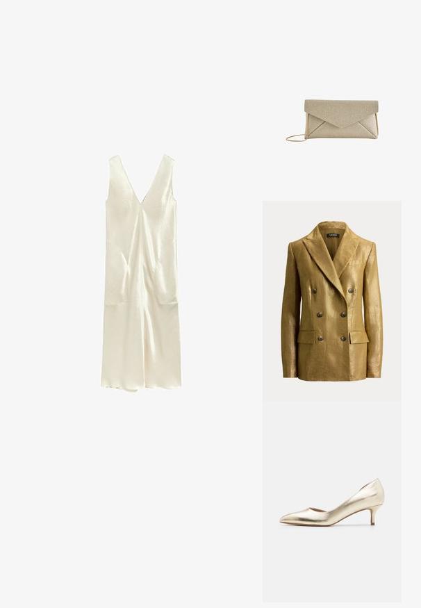 Dobbeltknappet guldfarvet metallic blazer med haklapper, seks knapper, klaplommer og strukturerede skuldre, vist på en ensfarvet baggrund.; Ærmeløs elfenbensfarvet satin kjole med dyb V-hals og subtilt blomsterstruktur, hængende mod en hvid baggrund.; Metallic guld højhælede pumps med spids tå, slank hæl, glat tekstur og minimale syninger på overdelen.; Beige tekstureret konvolut clutch taske med trekantet klap og tynd guld kæde rem på hvid baggrund.