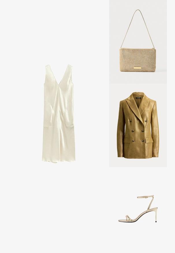 Dobbeltknappet guldfarvet metallic blazer med haklapper, seks knapper, klaplommer og strukturerede skuldre, vist på en ensfarvet baggrund.; Ærmeløs elfenbensfarvet satin kjole med dyb V-hals og subtilt blomsterstruktur, hængende mod en hvid baggrund.; Guldmetallic højhælede sandal med en tynd rem omkring anklen, åben tå og slanke krydsremme. Blank finish med sort sål.; Guldfarvet clutchtaske med rektangulært design, dækket af skinnende, sølvfarvede rhinsten. Har en tynd metallisk skulderrem og lynlåslukning.