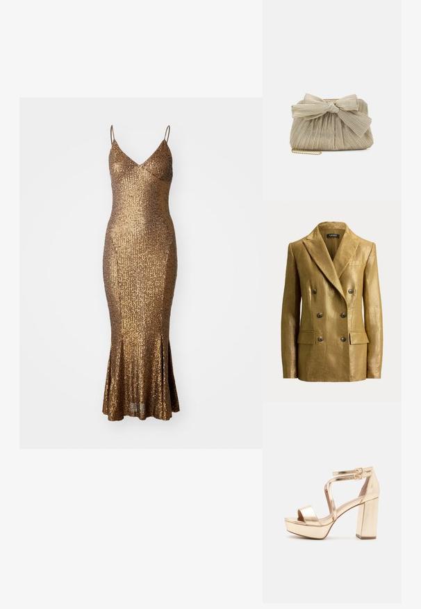 Dobbeltknappet guldfarvet metallic blazer med haklapper, seks knapper, klaplommer og strukturerede skuldre, vist på en ensfarvet baggrund.; Guldpalietteret kjole med en tætsiddende silhuet, spaghetti stropper og en flared kant. Den strukturerede overflade reflekterer lyset og fremhæver glitteret.; Guld metalisk platform sandaler med en chunky blokhælk, åben tå og krydsede ankelstropper med spænde detaljer. Glat tekstur.; Loeffler Randall PLEATED FRAME WITH BOW - Clutches - platinum
