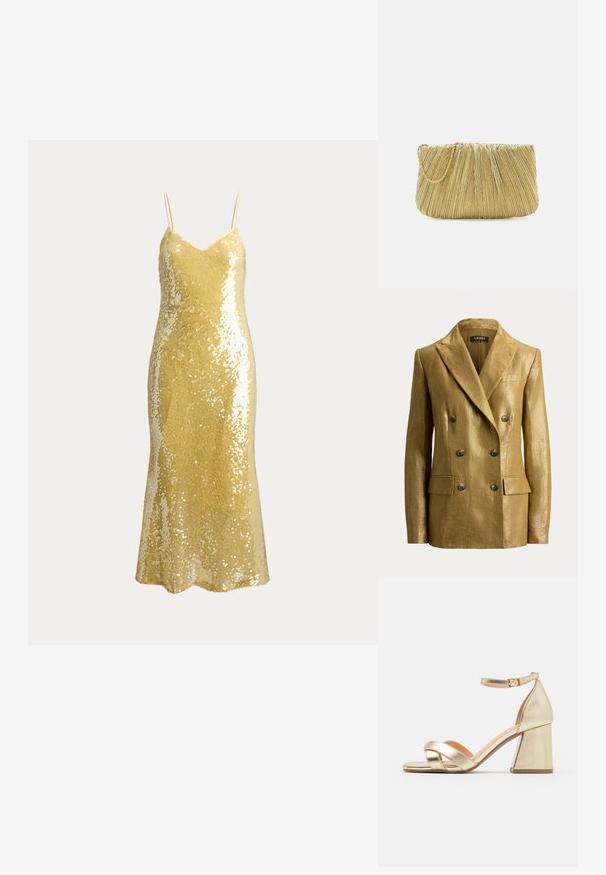 Blazer métallique doré à double boutonnage avec revers crantés, six boutons, poches à rabat et épaules structurées, présenté sur un fond uni.; Robe nuisette sans manches en sequins dorés avec fines bretelles spaghetti et décolleté en V, conçue pour des occasions formelles ou en soirée.; Sandales avec talons en or métallisé, à talon block, à bout ouvert et design de lanières entrecroisées. La lanière de cheville dispose d'une fermeture à boucle.; Loeffler Randall BRIT PLEATED FLAT - Pochette - gold-coloured