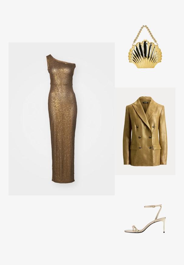 Dobbeltknappet guldfarvet metallic blazer med haklapper, seks knapper, klaplommer og strukturerede skuldre, vist på en ensfarvet baggrund.; Guld paliet aftenkjole med design på én skulder, tætsiddende silhuet og gulvlængde. Glat tekstur og glitrende overflade.; Guldmetallic højhælede sandal med en tynd rem omkring anklen, åben tå og slanke krydsremme. Blank finish med sort sål.; Guldmetallisk håndtaske formet som en muslingeskal med en perlebesat hank og perlebeslag på en hvid baggrund.