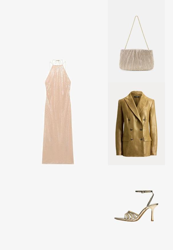 Dobbeltknappet guldfarvet metallic blazer med haklapper, seks knapper, klaplommer og strukturerede skuldre, vist på en ensfarvet baggrund.; Lang, ærmeløs kjole i lys beige med halterneck og rygbinding. Dækket af paletter med en flydende silhuet og glat tekstur.; Guldfarvet højhælet sandal med remme, ankelspænde, åben tå og slank stiletthæl på hvid baggrund.; Plisseret metallic stof håndtaske med en gylden kædestrop, blød rektangulær form, lys beige farve, tekstureret overflade og samlede detaljer.