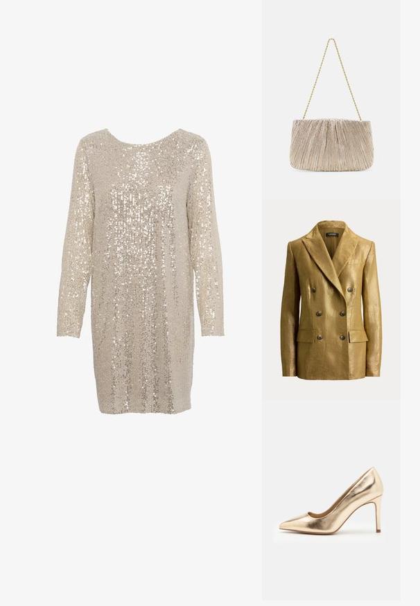 Goudkleurige metallic double-breasted blazer met inkeping revers, zes knopen, klepzakken en gestructureerde schouders, weergegeven op een eenvoudige achtergrond.; Glinsterende jurk in lichtbeige met lange mouwen en een ronde halslijn, met een textuurpatroon van glanzende, reflecterende pailletten overal.; Gouden metallic hoge hakpomp met een spitse neus en een gladde textuur. Beschikt over een gesloten hiel en een slanke, elegante stilettoontwerp.; Plooitjes metallic stoffen handtas met een gouden kettinghengsel, zachte rechthoekige vorm, lichtbeige kleur, gestructureerd oppervlak en gathered details.