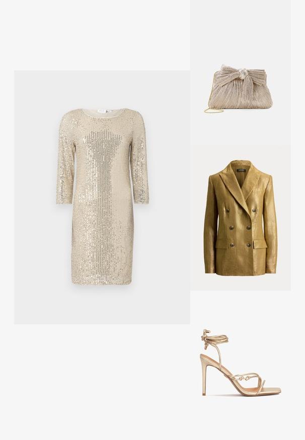 Blazer métallique doré à double boutonnage avec revers crantés, six boutons, poches à rabat et épaules structurées, présenté sur un fond uni.; Robe pailletée en or clair avec des manches longues, un col rond et une silhouette ajustée. Présente une texture scintillante et un motif vertical.; Sandale à talon haut en métal doré avec une fine bride de cheville, des brides avant entrelacées et un design à orteil carré. Texture en cuir lisse.; Pochette en or métallisé avec tissu plissé, dotée d'un nœud en haut et d'une bandoulière en chaîne dorée pour une polyvalence et une facilité de transport.
