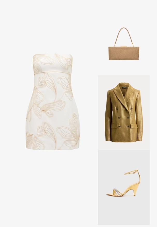 Dobbeltknappet guldfarvet metallic blazer med haklapper, seks knapper, klaplommer og strukturerede skuldre, vist på en ensfarvet baggrund.; Strapless kjole i creme med præget blomsterdesign i lys beige. Tætsiddende design, glat tekstur, knælængde klip, og ingen synlige lukninger.; Guldhælede sandaler med et bånddesign, der har rhinestone-detaljer. Åben tå, justerbar ankelrem og en spids hæl.; Metallic guldfarvet clutch-taske med en vævet tan tekstur, der har et kort håndtag og en lås, rektangulær form. Letvægtsdesign.