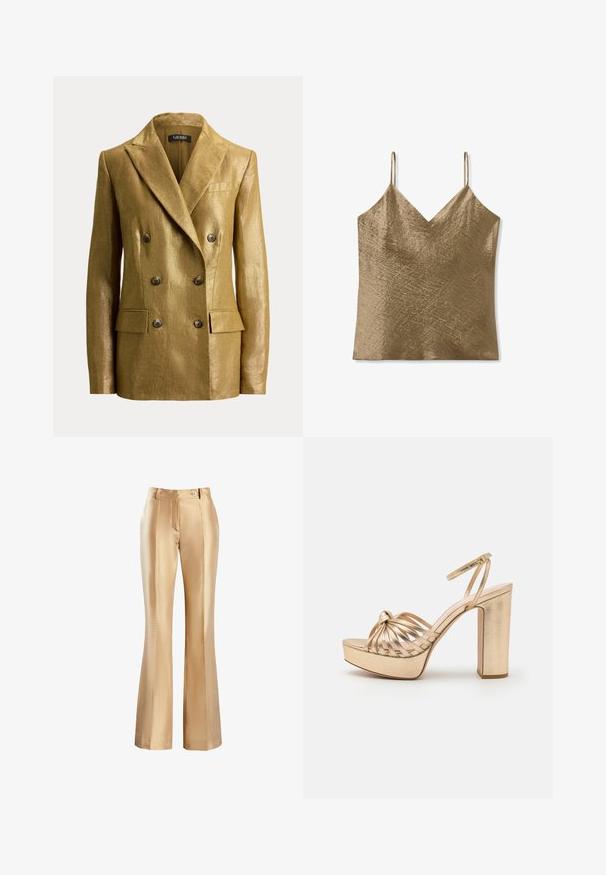 Doppelreihiger goldfarbener Metallic-Blazer mit Kerbkragen, sechs Knöpfen, Pattentaschen und strukturierten Schultern, auf schlichtem Hintergrund präsentiert.; Metallic- bronzefarbenes Spaghettiträger-Top mit V-Ausschnitt und strukturierter Oberfläche, gefertigt aus glattem, leichtem Stoff.; Beige Satin-Glitzerhose mit glatter Textur, ausgestattet mit einem Reißverschluss vorne und einem einzelnen Knopfverschluss. Zwei Seitentaschen und Faltendetails.; Goldene Riemchen-Sandaletten mit hohen Absätzen und einem geknoteten Vorderdesign, dicker Plattform und Knöchelriemen, mit metallischem Glanz und glatter Textur.