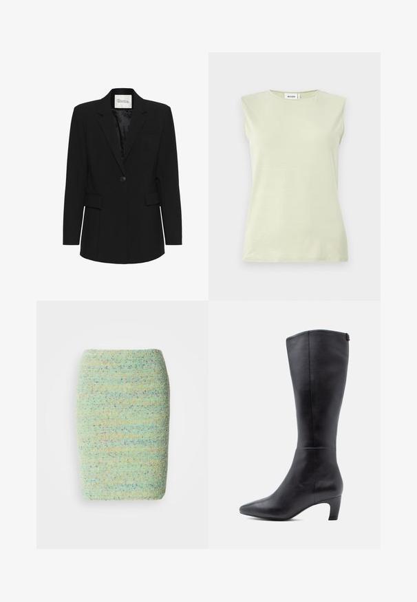 My Essential Wardrobe MWMILAN SHAPED - Blazer - black; Lysegrøn ærmeløs top med rund hals. Lavet af blødt stof, der har en glat tekstur og et minimalistisk design.; Knelang nederdel lavet af struktureret, pletret stof i pastelfarvet grøn med nuancer af blå, orange og lilla.; Sorte læder knæhøje støvler med spids tå, subtil glans og en lav blokhæl. Rene linjer og minimalistisk design uden synlig hardware.
