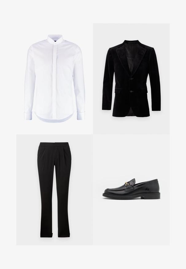 Zwart fluwelen blazer met notch-lapels, enkel geknoopte voorkant, twee voorzakken en een gladde binnenvoering.; Wit overhemd met lange mouwen, verborgen knoopsluiting en klassieke kraag, getoond op een effen achtergrond.; Zwarte broeken van gladde stof met een elastische tailleband, rechte pijpen, plooien aan de voorkant en omgeslagen zoom. Eenvoudig en veelzijdig ontwerp.; Zwarte leren instappers met een ronde neus, voorzien van een gouden hardware accent en stikdetails, geplaatst op een lage, getextureerde rubberen zool.