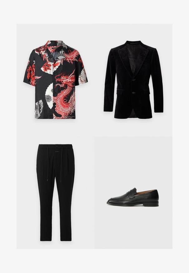 Sort fløjlsblazer med spidse klapper, enkle knaplukninger foran, to frontlommer og en glat inderside.; Kortærmet sort skjorte med røde drager og blomstermønstre, hvide vifte-designs og knaplukning foran. Lavet af glat stof.; CLOSED VIGO TAPERED - Chino - dark night; Sort læder loafer med rund tå, diskret syning, og lav hæl, der har en glat tekstur og minimalistisk design.