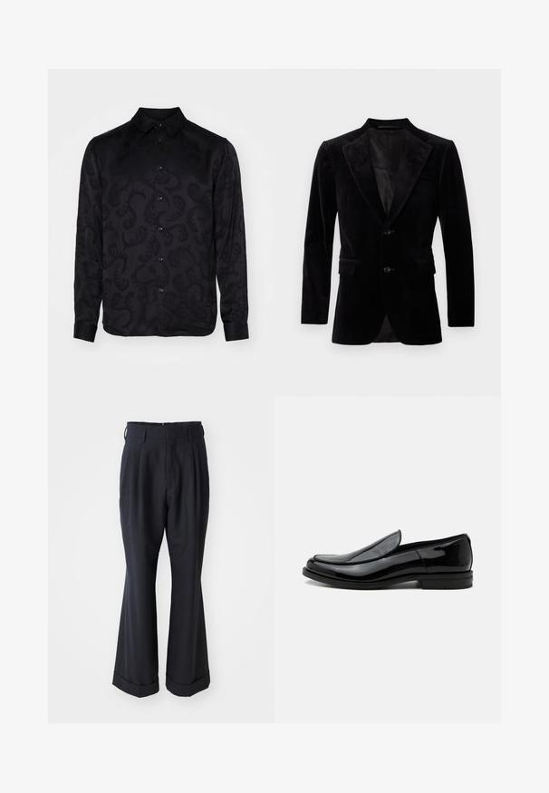 Blazer en velours noir avec revers cranté, devant boutonné simple, deux poches avant et doublure intérieure lisse.; Chemise noire à manches longues avec un motif paisley texturé subtil, dotée d'un col pointu et d'une fermeture à boutons sur le devant. Tissu lisse.; Pantalons noirs ajustés avec une coupe décontractée, devant plissé et jambes larges. Caractéristiques d'un ourlet à retournement et d'une texture de tissu lisse.; Chaussure de ville noire en cuir brillant à enfiler, avec talon bas et bout arrondi, vue de côté sur fond blanc uni.