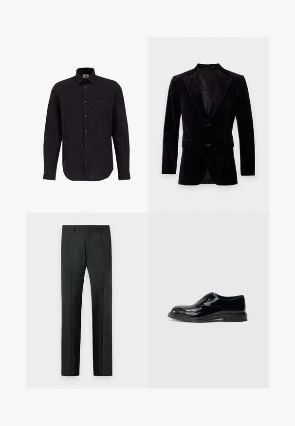 Blazer en velours noir avec revers cranté, devant boutonné simple, deux poches avant et doublure intérieure lisse.; Chemise noire à manches longues, à boutons, en tissu tissé, avec un col classique, un ourlet droit et des boutons noirs sur le devant.; Pantalon habillé noir sur mesure avec passants de ceinture et un pli devant, présenté sur un fond gris clair.; Chaussure Oxford en cuir verni noir à texture lisse, bout rond et lacets fins. Dispose d'un talon empilé et de détails de coutures minimales.