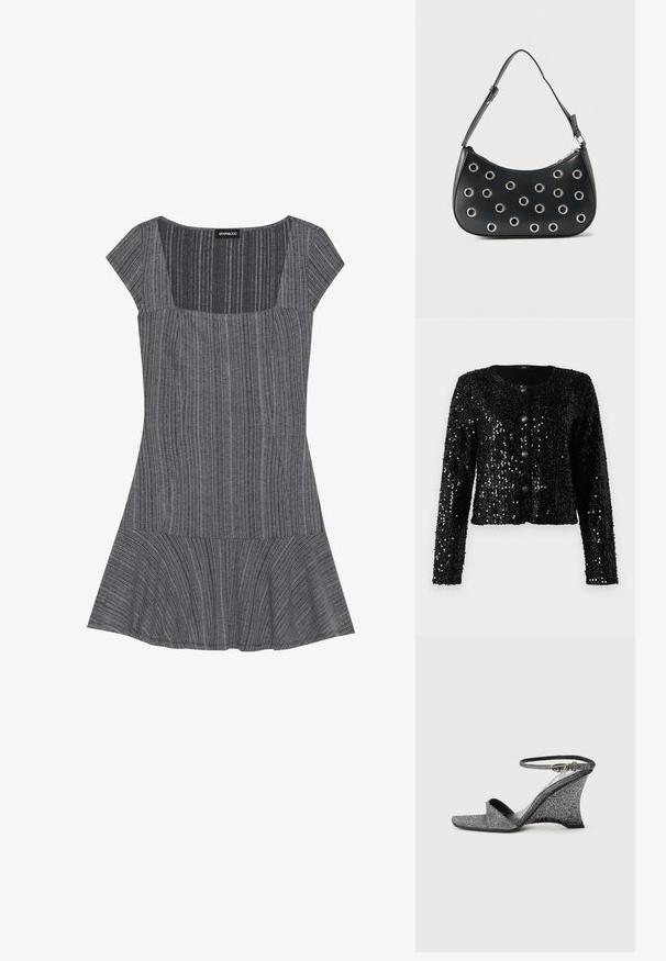 Chaqueta negra de lentejuelas con mangas largas, escote redondo y cinco cierres de botón. Superficie texturada con un diseño corto.; Vestido gris a rayas con mangas cortas, escote cuadrado y dobladillo acampanado. Hecho de una tela texturizada, presenta un diseño de rayas verticales.; Sandalia de cuña con brillo plateado, puntera abierta, hebilla dorada en el tobillo, vista lateral sobre fondo claro liso.; Bolso de hombro de cuero negro con correa ajustable, adornos de ojales metálicos plateados y cierre superior con cremallera.