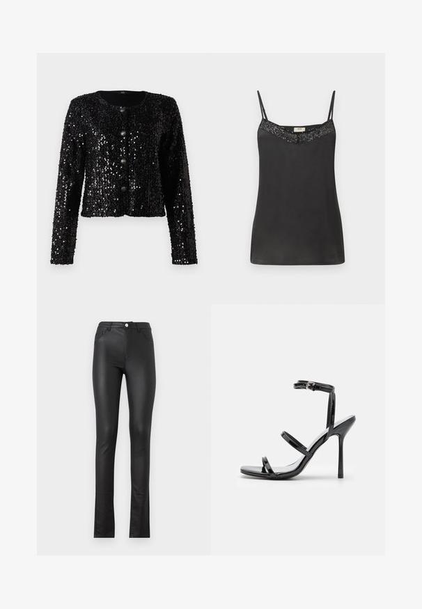 Sort jakke med pailletter, lange ærmer, rund halsudskæring og fem knaplukninger. Struktureret overflade med en cropped design.; Sort satin camisole med tynde stropper, der har en perlebesat halsudskæring. Glat tekstur med en afslappet pasform, ideel til lag-på-lag eller afslappet brug.; Sorte faux læderbukser med slim fit, der har en frontknaplukning, to frontlommer og en let flaret kant forneden.; Sorte patentlæder højhælede sandaler med tre horisontale stropper og en justerbar ankelstrop. Elegant silhuet og skinnende finish.