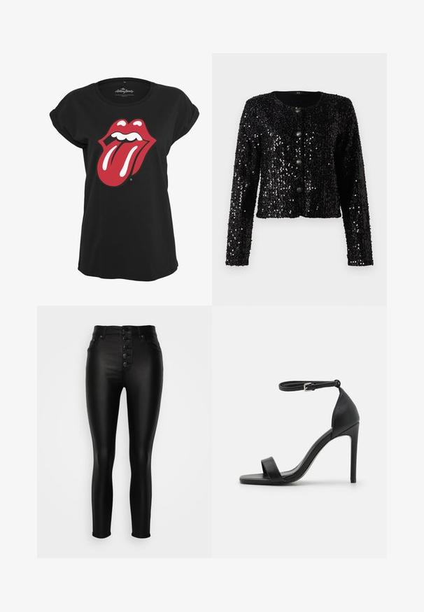 Veste noire à sequins avec des manches longues, un col rond et cinq boutons de fermeture. Surface texturée avec un design court.; T-shirt noir en coton avec un motif graphique en rouge et blanc du logo des Rolling Stones représentant des lèvres et une langue sur le devant. Encolure ronde.; Jean skinny taille haute noirs avec une texture lisse et brillante, fermeture à cinq boutons à l'avant et poches de style denim classiques.; Sandale noire à talons hauts au design épuré, avec une bride au niveau de la cheville, un bout ouvert et une texture en cuir lisse.