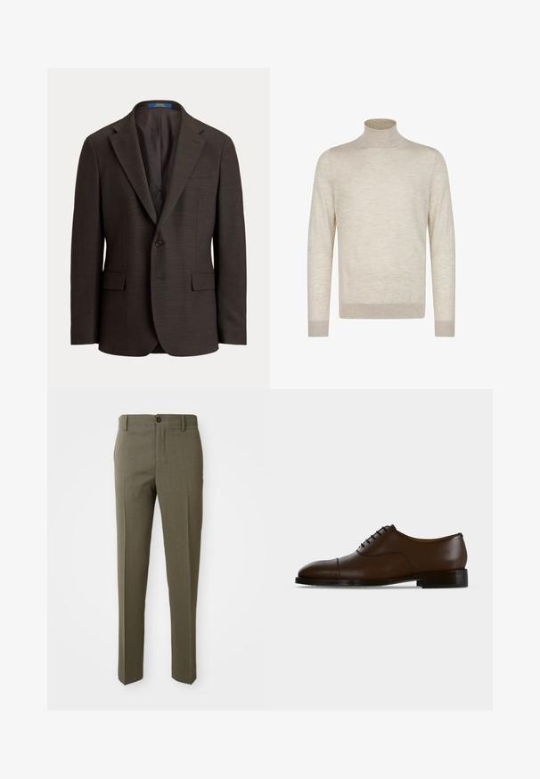 Dunkelbrauner Herren-Blazer mit einem Knopf, mit Kerbkragen, Pattentaschen und glattem Innenfutter, vor einfarbigem Hintergrund gezeigt.; Hellbeige Langarmrollkragenshirt mit gerippten Bündchen und Saum, vor einem weißen Hintergrund präsentiert.; Olivgrüne maßgeschneiderte Hose mit glatter Textur, geradem Bein, einem einzigen Frontknopf und praktischen Seitentaschen.; Dunkelbrauner Lederschuh mit Kappenspitze, geschlossenem Schnürsystem und niedrigem schwarzem Absatz, von der Seite auf neutralem Hintergrund gezeigt.