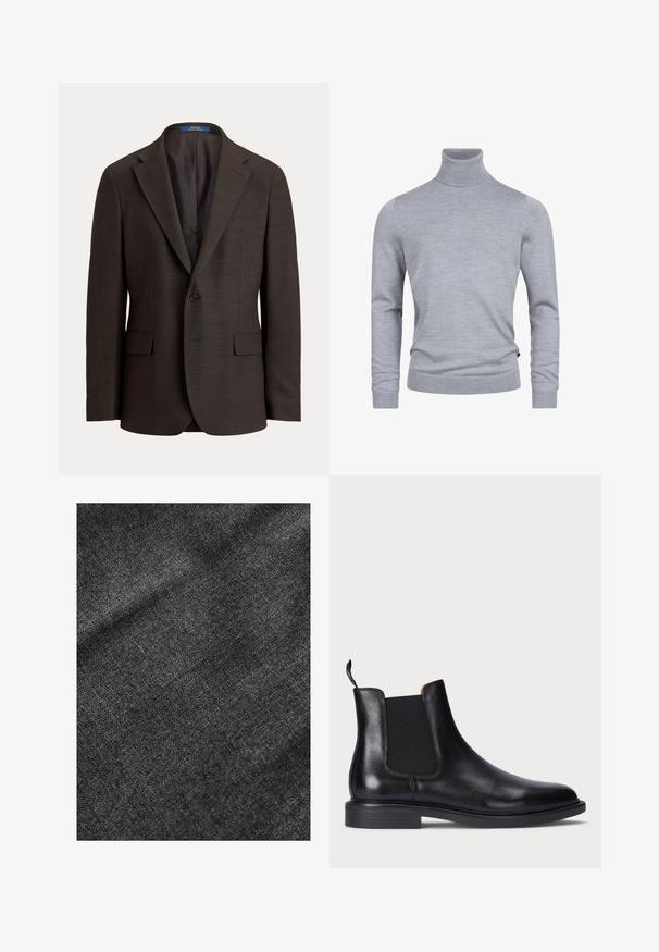Dunkelbrauner Herren-Blazer mit einem Knopf, mit Kerbkragen, Pattentaschen und glattem Innenfutter, vor einfarbigem Hintergrund gezeigt.; Grauer Rollkragenpullover aus weichem Strickstoff. Mit langen Ärmeln und einer figurbetonten Passform, verfügt über gerippte Bündchen und Saum. Einfache, glatte Textur.; Strukturierter schwarzer Stoff mit einer weichen, leicht glänzenden Oberfläche, die ein dezentes Webmuster und einen geschmeidigen Fall aufweist.; Schwarze Leder Chelsea-Stiefel mit elastischen Seitenteilen, strukturiertem Finish, abgerundeter Spitze und niedrigem, gestapeltem Absatz. Verfügt über eine Zuglasche für leichtes Anziehen.