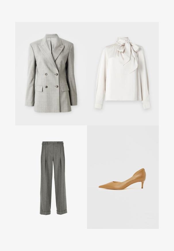 Dobbeltbrystet blazer i lys grå stof med subtile striber, slaglapeller, to frontlommer og sølvknapper.; Lys beige bluse med lange ærmer, høj krave og en stor sløjfe ved halsen. Glat tekstur og let løs pasform.; Grå skræddersyede bukser med hvide lodrette striber, plisseret front, manchetter, bæltesløjfer og knaplukning i taljen.; Spids-tå tan læderpumpe med lille hæl, der har et udskåret design på siden for ekstra detaljer og glat tekstur.