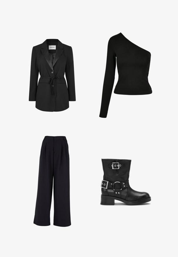 Blazer noir avec un col châle en satin, fermeture à un bouton, poches avant et ceinture à la taille. Tissu lisse avec une coupe ajustée.; Haut à manches longues noir avec un col asymétrique. Fabriqué en tissu lisse, design ajusté et ourlet arrondi. Pas de motifs ni d'ornements.; Pantalons à jambes larges en tissu noir, dotés de plis avant, d'une fermeture à bouton et d'une texture lisse. Design ajusté avec une taille haute.; Bottine en cuir noir avec deux boucles argentées, bride avec détail anneau métallique, et petit talon bloc sur fond blanc.