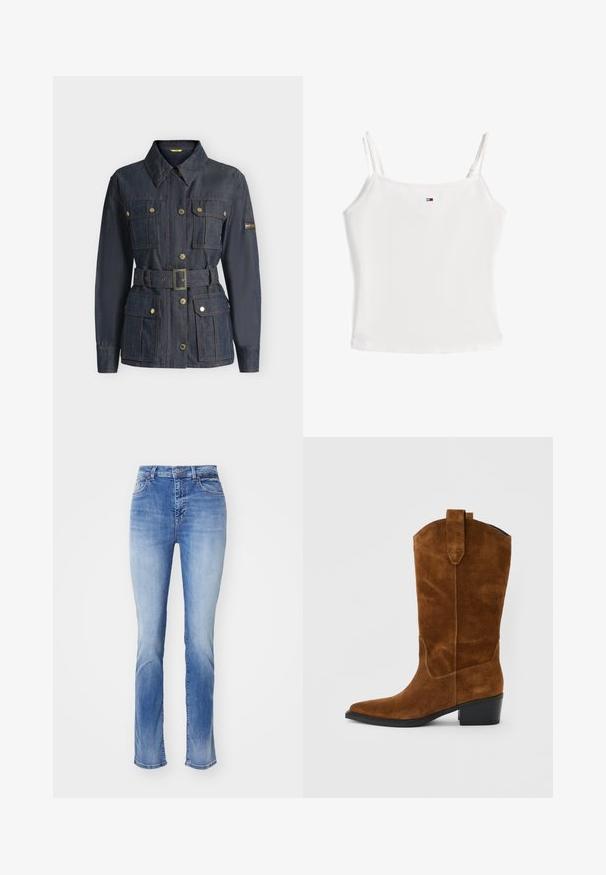 Dunkelblaue Jeansjacke mit langen Ärmeln, vorne geknöpft, vier Klappentaschen, tailliertem Gürtel und kleinem Logopatch am linken Ärmel.; Schlichtes weißes Spaghettiträger-Top mit kleinem rechteckigem Logo, zentriert nahe dem Ausschnitt.; Helles blaues Denim-Jeans mit geradem Bein, in einem ausgewaschenen Design, im klassischen Fünf-Taschen-Stil, und einem Reißverschluss mit Knopfverschluss.; Brauner Wildleder-Westerstiefel mittlerer Schafthöhe mit spitzer Zehe, Zuglaschen und gestapeltem schwarzen Absatz vor hellem grauem Hintergrund.