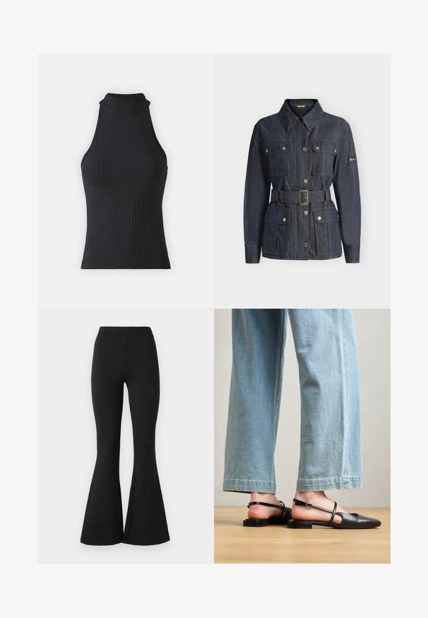 Donkerblauwe spijkerjas met lange mouwen, knoopsluiting aan de voorkant, vier klepzakken, een ceintuur in de taille en een klein logopatch op de linkermouw.; Zwart geribbeld hoog-nekkleed zonder mouwen met een getailleerde pasvorm en rekbaar materiaal, met een subtiele textuur en afgewerkte randen.; Zwarte flared leggings van rekbaar materiaal, voorzien van een hoge tailleband en een gladde textuur, die naar beneden uitlopen in een brede flare bij de enkel.; Zwarte leren slingback schoenen met een spitse neus, platte hak en enkelband; gedragen met lichtblauwe wijde jeans.