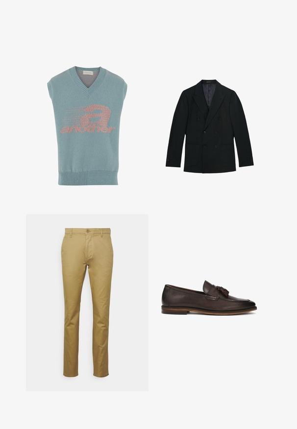Schwarzer zweireihiger Blazer mit spitzen Revers, vier vorderen Knöpfen, zwei großen aufgesetzten Taschen und geknöpften Manschetten, flach auf weißem Hintergrund gezeigt.; Helles blaues ärmelloses Stricktop mit V-Ausschnitt, das ein rosa grafisches Design mit dem Wort "another" und einem Geschwindigkeitsmotiv zeigt. Gerippter Saum.; Khaki Chinos aus glattem Baumwollmaterial, mit klassischem geradem Schnitt, Vordertasche und einem einzelnen Knopfverschluss an der Taille.; Dunkelbraune Lederloafers mit glatter Oberfläche, dekorativen Quasten und einer kontrastierenden braunen Sohle. Klassisches Slip-On-Design.