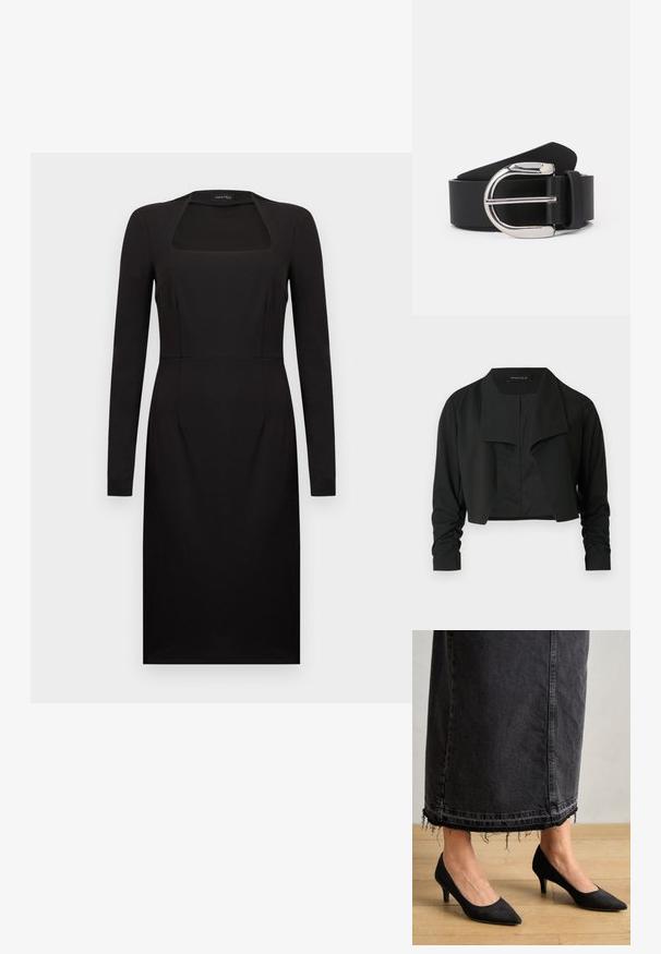Veste noire courte avec un col fendu et des manches longues froncées. Réalisée dans un tissu lisse, présentant un design simple et épuré.; Robe noire à manches longues, longueur au genou, avec un décolleté carré et une silhouette ajustée.; Escarpins en suede noirs avec un bout pointu et un talon de 3 pouces, associés à une longue jupe en denim foncé présentant des détails d'ourlet effilochés.; Ceinture en cuir noir avec une boucle en métal argenté, présentant une texture lisse et un design classique. La sangle mesure 3,8 cm de large.