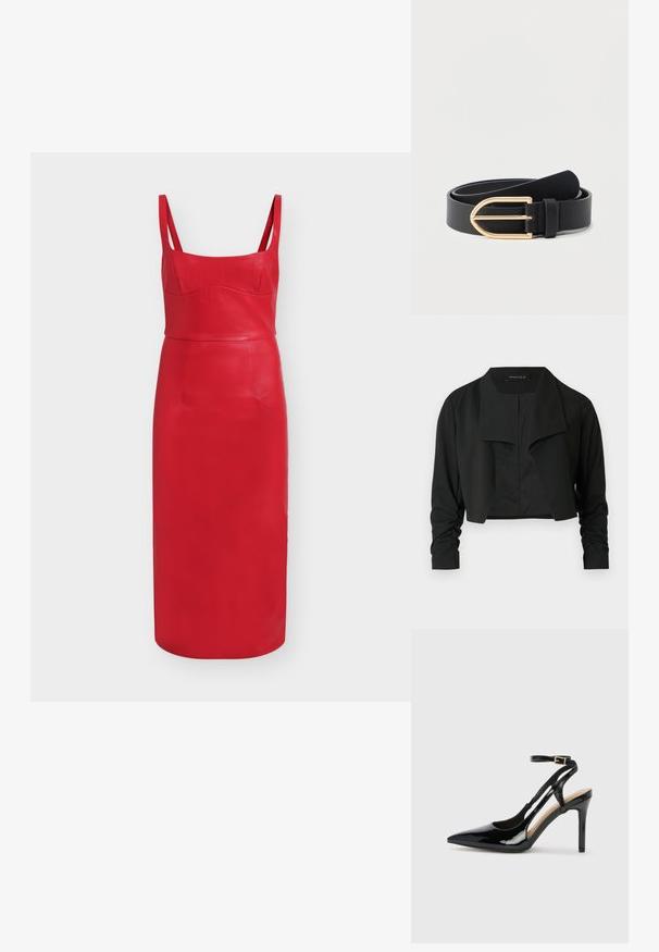 Veste noire courte avec un col fendu et des manches longues froncées. Réalisée dans un tissu lisse, présentant un design simple et épuré.; Robe midi en cuir rouge avec un corsage ajusté, de larges bretelles et une jupe droite. Présente un design sans coutures avec des détails minimaux.; Escarpin en cuir verni noir à talon haut, avec un bout pointu, une bride réglable à la cheville et des côtés ouverts. Texture lisse.; Ceinture en cuir noir enroulée avec une boucle en métal doré brillant sur un fond clair.