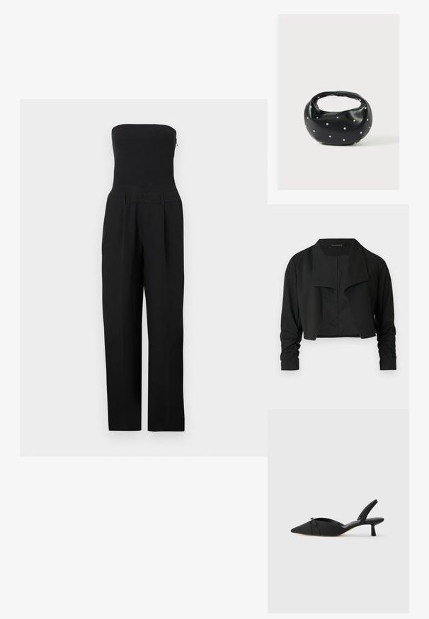 Sort cropped jakke med delt krave og rynkede lange ærmer. Fremstillet af et glat stof med et enkelt, rent design.; Sort stropløs jumpsuit med tætsiddende overdel og bukser med vide ben vist på en hvid baggrund.; Sorte slingback heels med spids tå, overdelen i stof, sløjfedetalje på vamps, og en lav, cylindrisk hæl.; Sort læderhåndtaske med en rundet form, dekoreret med sølvnitter, og et kort håndtag. Glat tekstur og lynlåslukning.