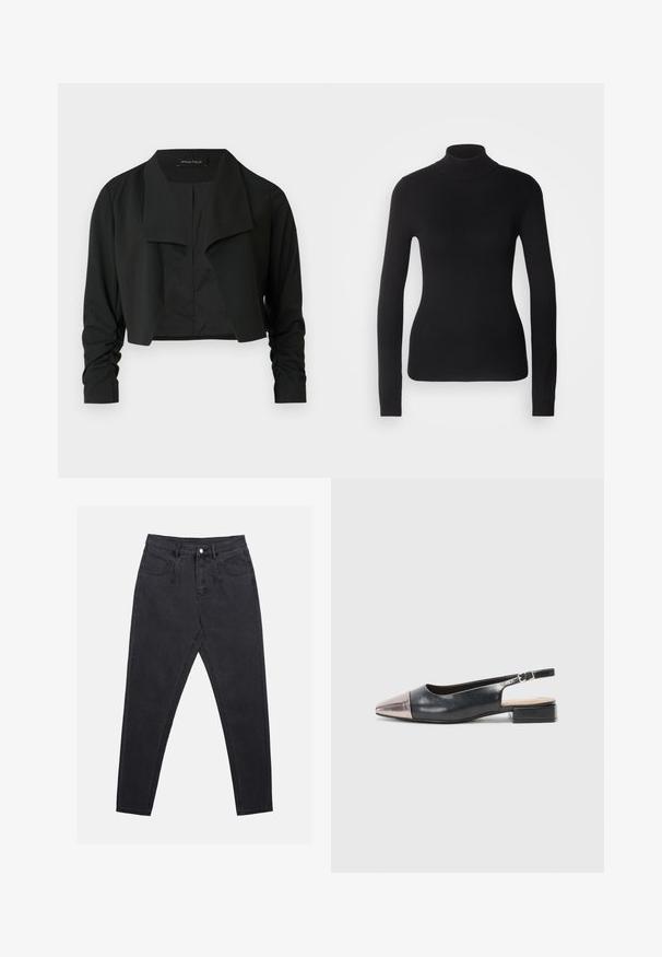Sort cropped jakke med delt krave og rynkede lange ærmer. Fremstillet af et glat stof med et enkelt, rent design.; Sort turtleneck sweater lavet af let strikket stof. Har lange ærmer, et tætsiddende design og en blød ribbet tekstur.; Sorte denimjeans med en slim fit, høj talje, fem-lomme design og bæltestropper. Teksturen er glat med minimal syningsdetalje.; Slingback-sko med en overdel i sort læder, en metallisk rosaguld spids tå og en lav blokhæl. Glat tekstur med et buet design.