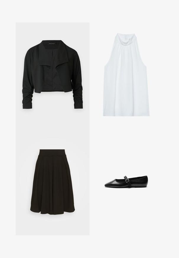 Schwarze, verkürzte Jacke mit einem geteilten Kragen und gerafften langen Ärmeln. Hergestellt aus einem glatten Stoff, mit einfachem, sauberem Design.; Weißes ärmelloses Top mit hohem Kragen, aus weichem Material, mit Raffung am Ausschnitt und einem verdeckten Reißverschluss auf der Rückseite.; Schwarz gefaltetem Rock mit einem breiten, elastischen Bund. Hergestellt aus einem weichen Stoff, mit einem knielangen Saum und glatter Textur.; Schwarze flache Schuhe aus Leder mit spitzem Fuß, verstellbarem Riemen mit einer Metallschnalle, glatter Textur und minimalistischem Design.