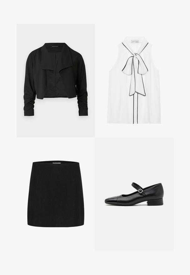 Sort cropped jakke med delt krave og rynkede lange ærmer. Fremstillet af et glat stof med et enkelt, rent design.; Hvid ærmeløs bluse med en sløjfe-detalje ved halsen, der har sort piping, knaplukninger og et glat, let stof.; Sort mini-skjorte lavet af tekstureret stof, med en simpel, lige skæring uden synlige udsmykninger eller mønstre.; Sorte læder Mary Jane-sko med en patenttå, justerbar ankelrem og lav blokhæl. Glat tekstur og strømlinet design.