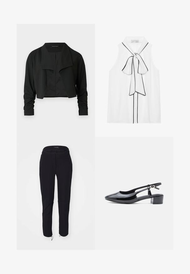 Veste noire courte avec un col fendu et des manches longues froncées. Réalisée dans un tissu lisse, présentant un design simple et épuré.; Blouse blanche sans manches avec un nœud au cou, ornée de passepoils noirs, de boutons et d'un tissu lisse et léger.; Pantalon noir avec une texture lisse, présentant un design ajusté, une taille élastique, deux poches et des poignets ajustables avec cordons de serrage.; Chaussure slingback en cuir verni noir avec un bout pointu, des côtés découpés et un petit talon block. Équipée d'une bride de cheville avec une boucle.